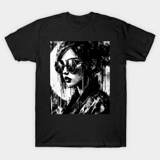 Victorian Woman In Sunglasses Abstract Portrait Ink Brushstrokes T-Shirt